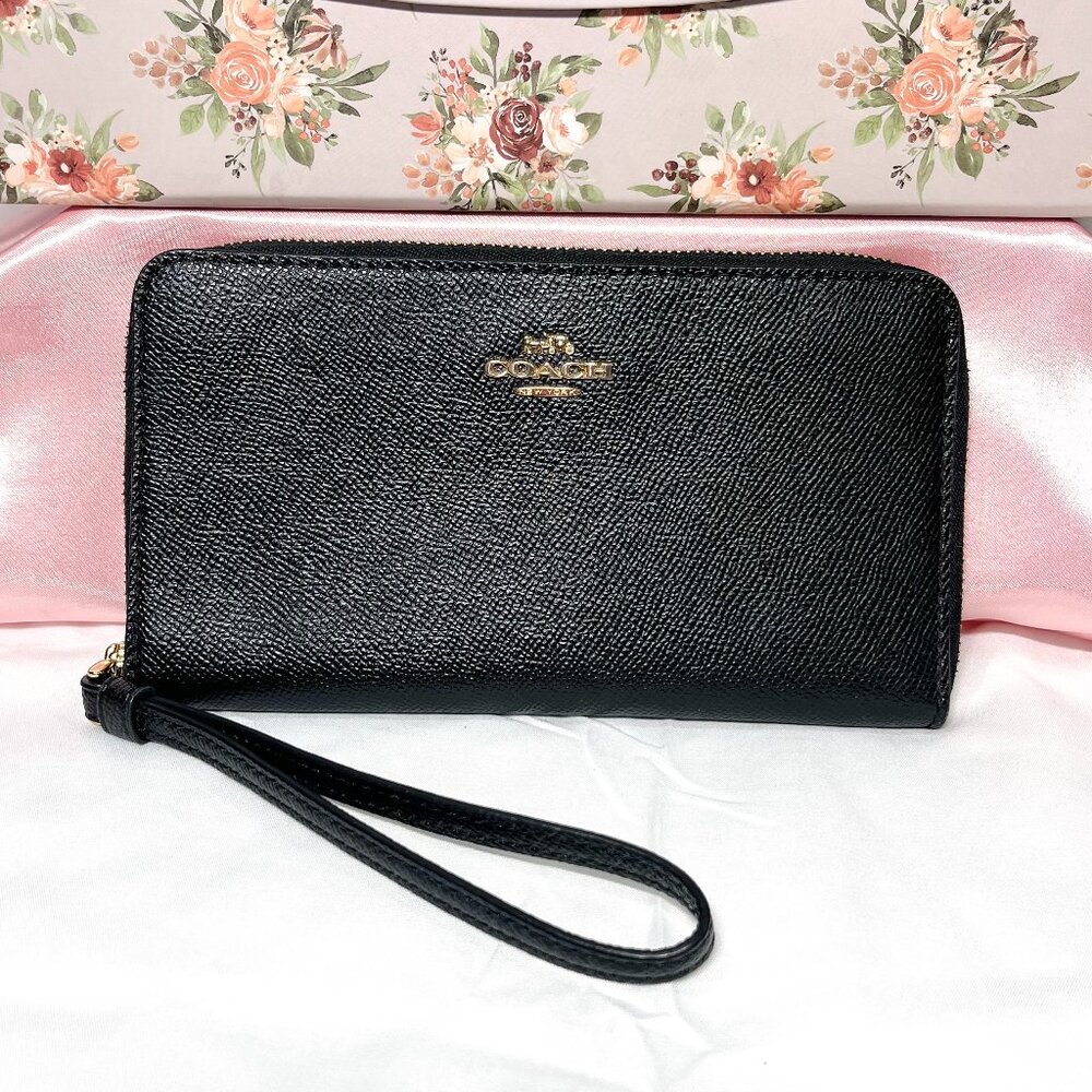 Coach Phone Zip Around Bifold Leather Wallet with Wrist Strap - Black